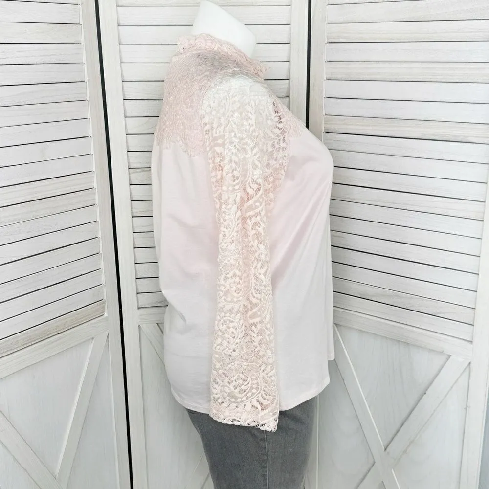 Bedford Fair Lace Sleeve Mock Neck Shirt Pink Large Tee Coquette Victorian Soft‎ - Image 3