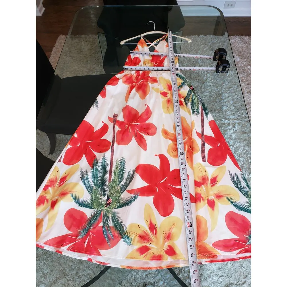 Long Maxi Dress Womens Small Multi Floral Print Back Zip Sleeveless Deep V Neck White - Image 7