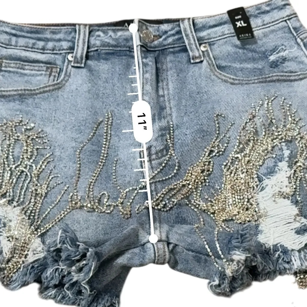 Akira NWT Denim Fringe Shorts Size XL Distressed Rhinestone High Rise‎ Festival - Image 6