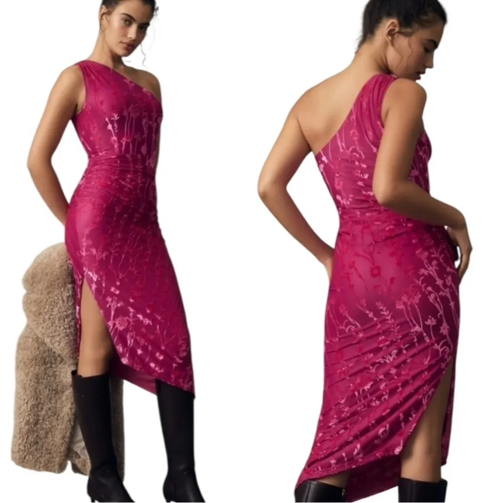 Anthropologie HUTCH One Shoulder Ruched Velvet Flocked Midi Dress Pink Size L - Image 3