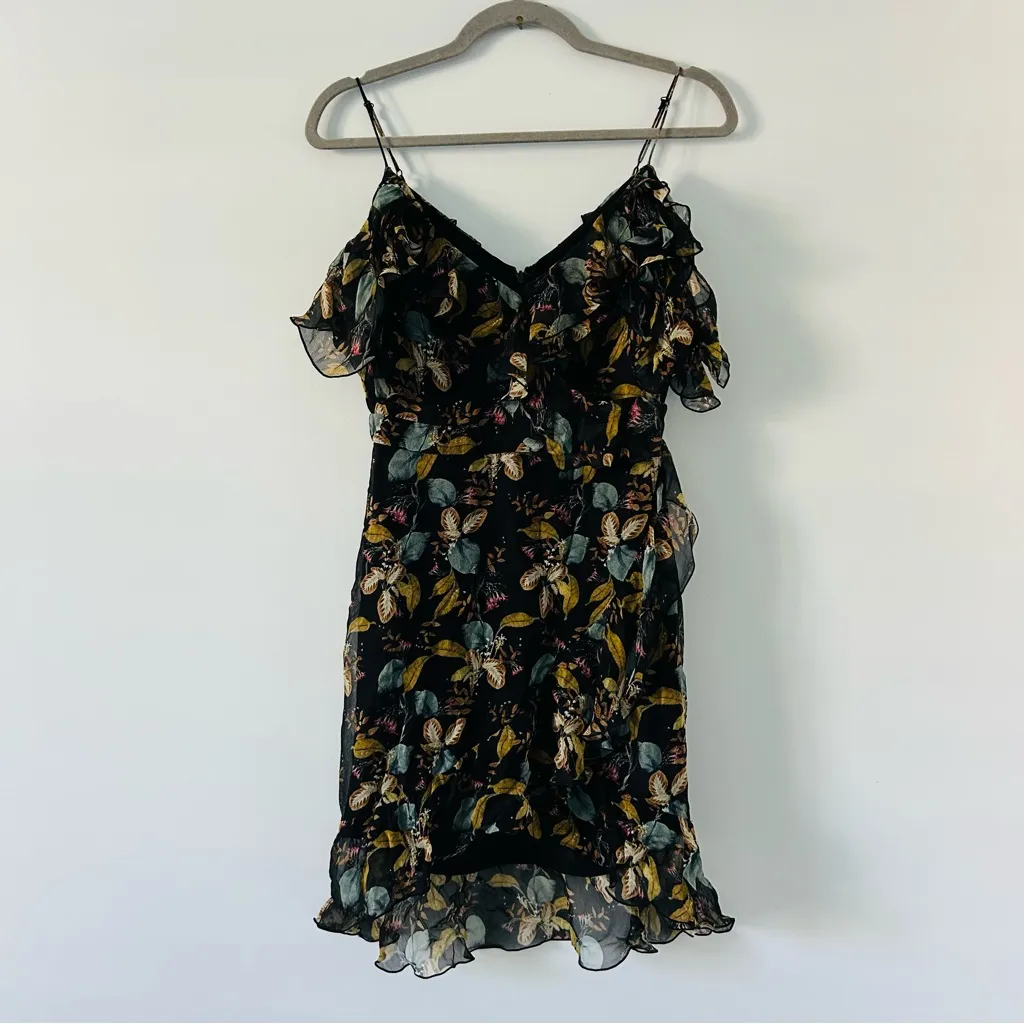 NICOLAS Black Floral V Neck Spaghetti Strap Ruffle Silk Cotton Mini Dress 4 - Image 2