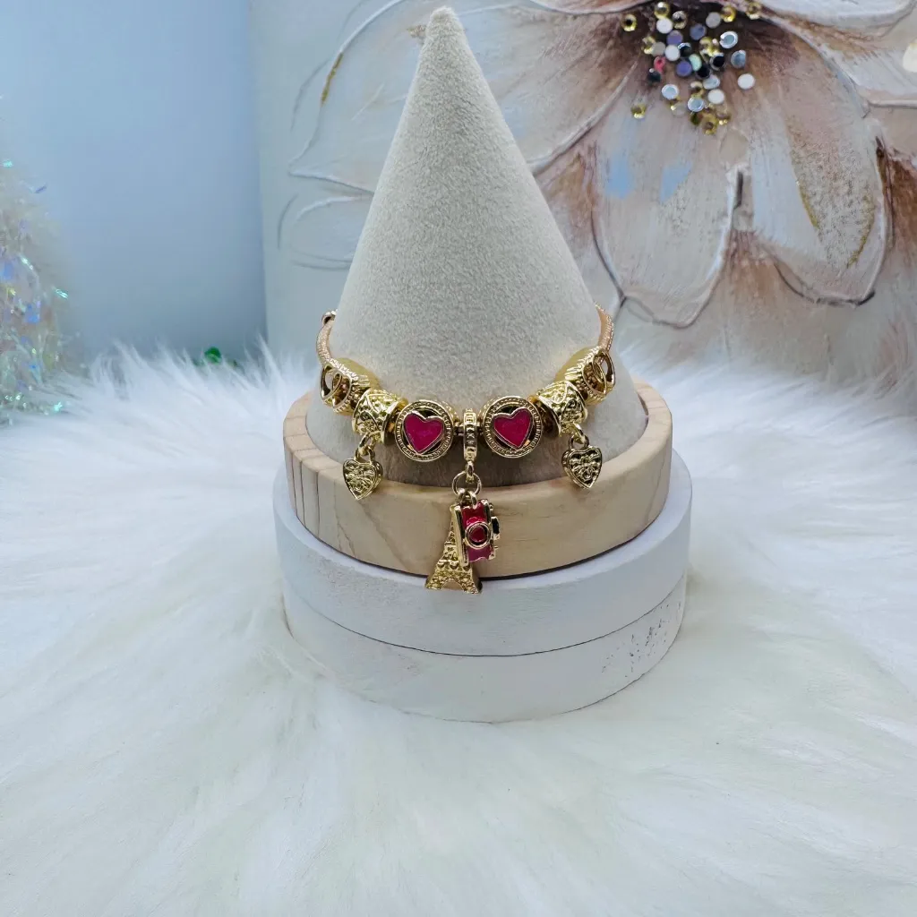 Gold Eiffel Tower & cute Charms Bracelet with Red Accents - Image 3