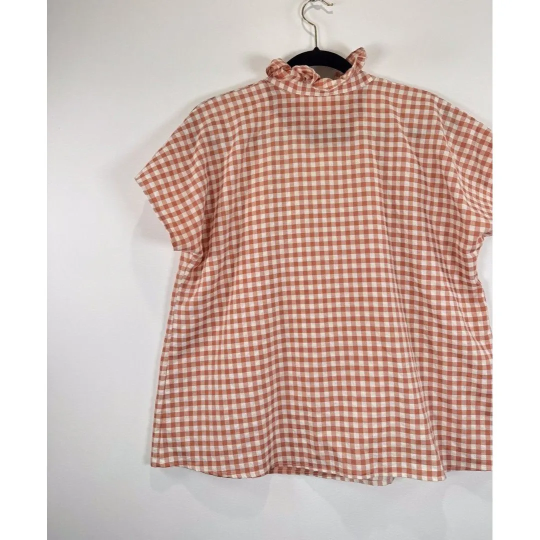 Never A Wallflower Womens Top Brown Ruffle High Neck Plaid Short Sleeve Large - Image 7