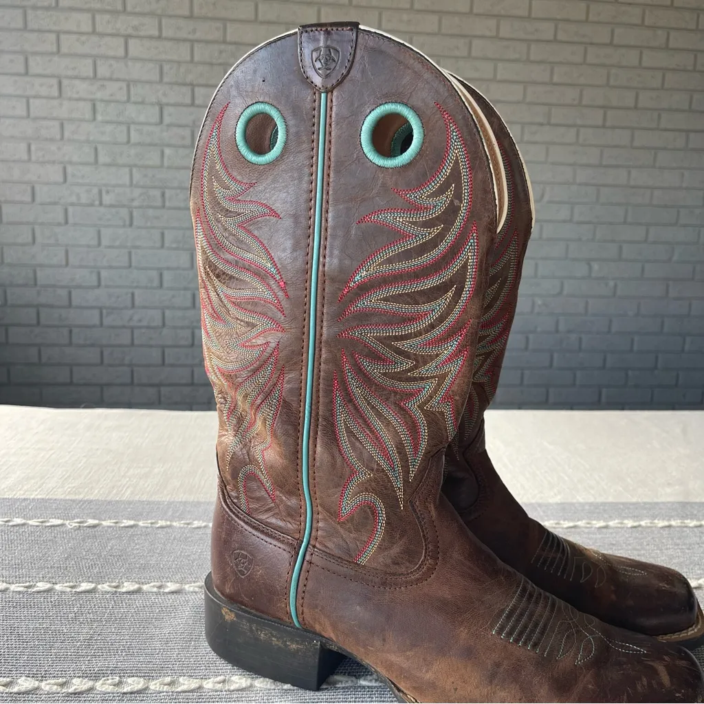 Ariat Round Up Ryder Western Boot Sassy Brown Pink Blue Size 10 - Image 5