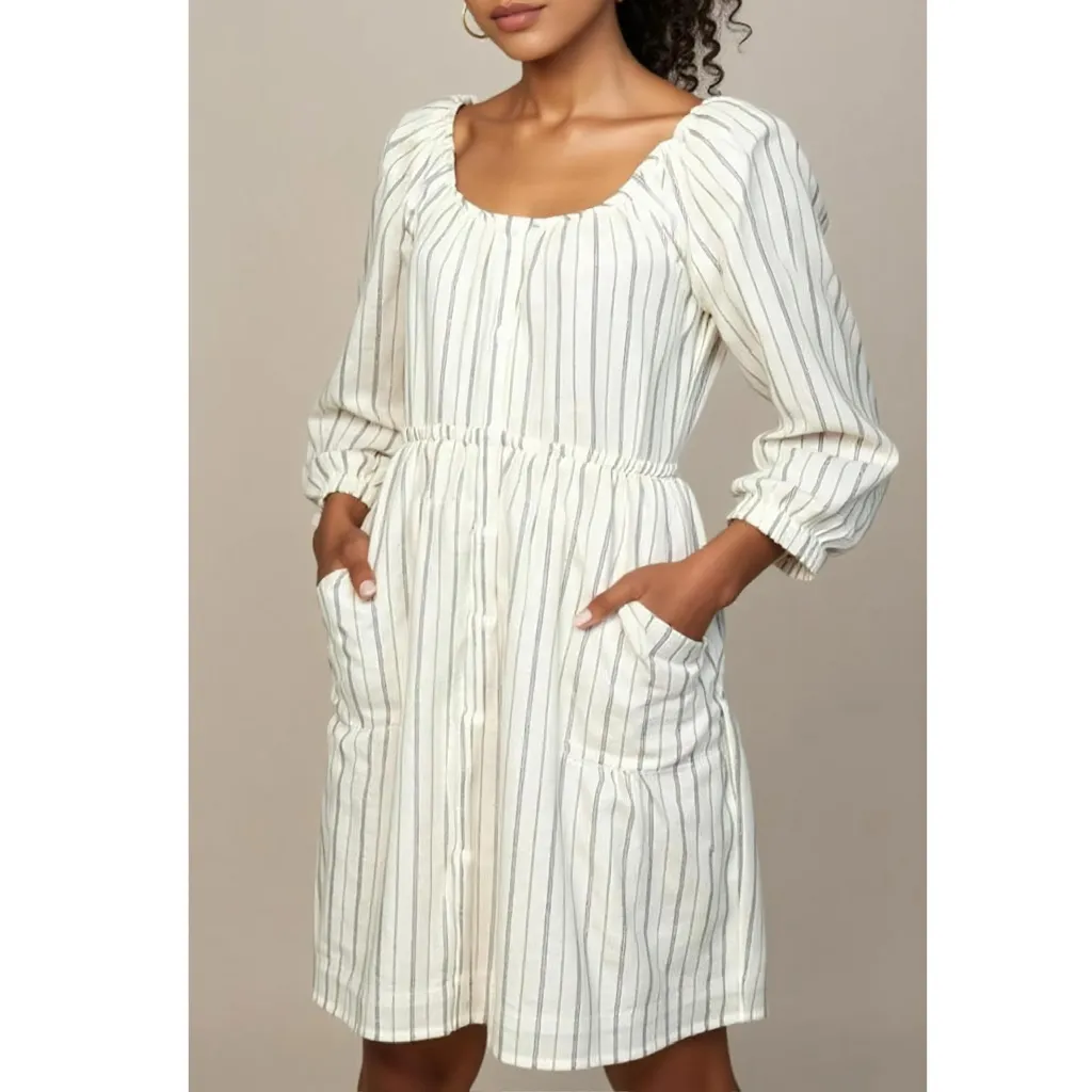 EMERSON FRY Jasmine Button Down Dress, Ivory Hemp Stripe Organic, Large Blue - Image 5