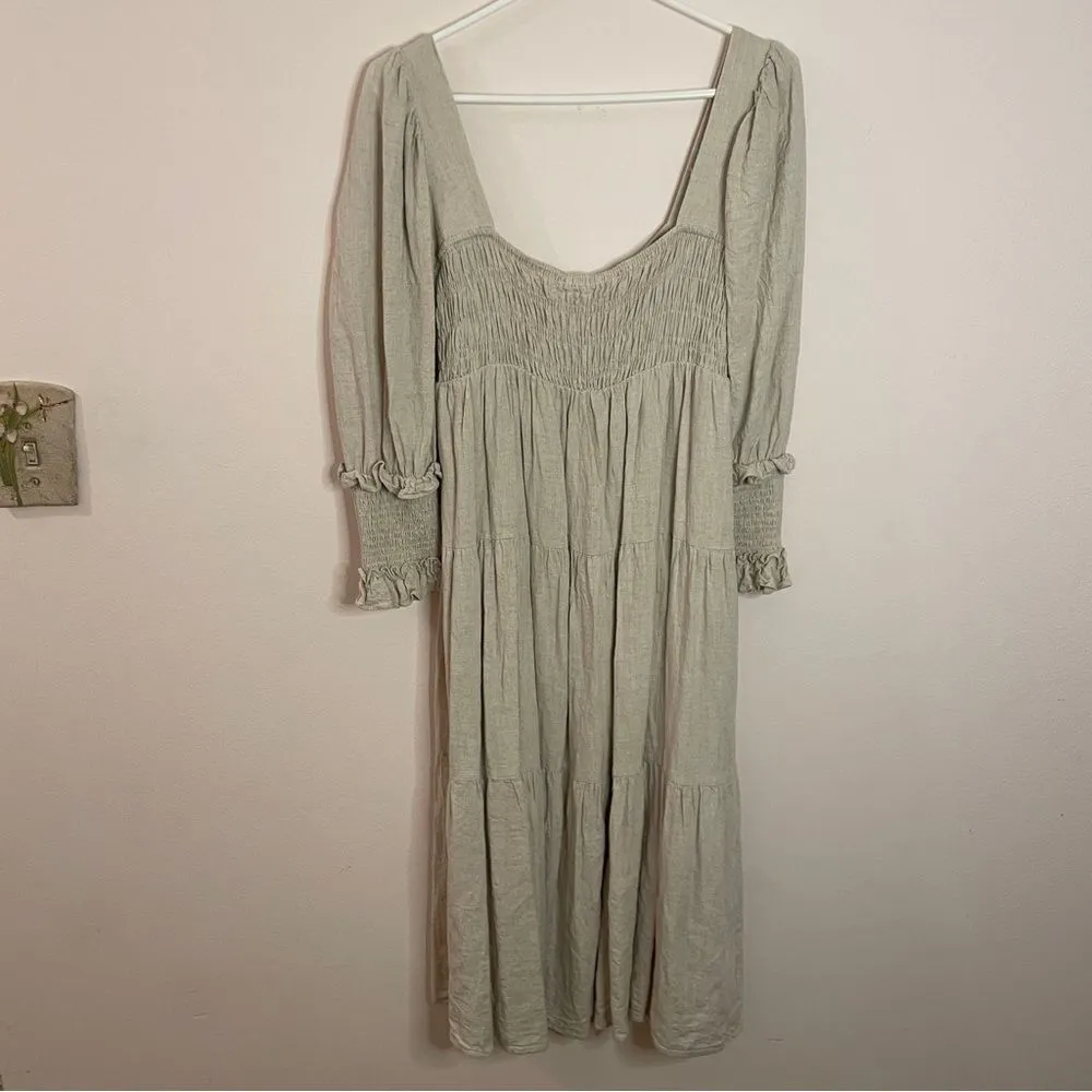 Girl And The Sun Beige Cottage Prairie Midi Dress Linen Blend Size Medium - Image 7