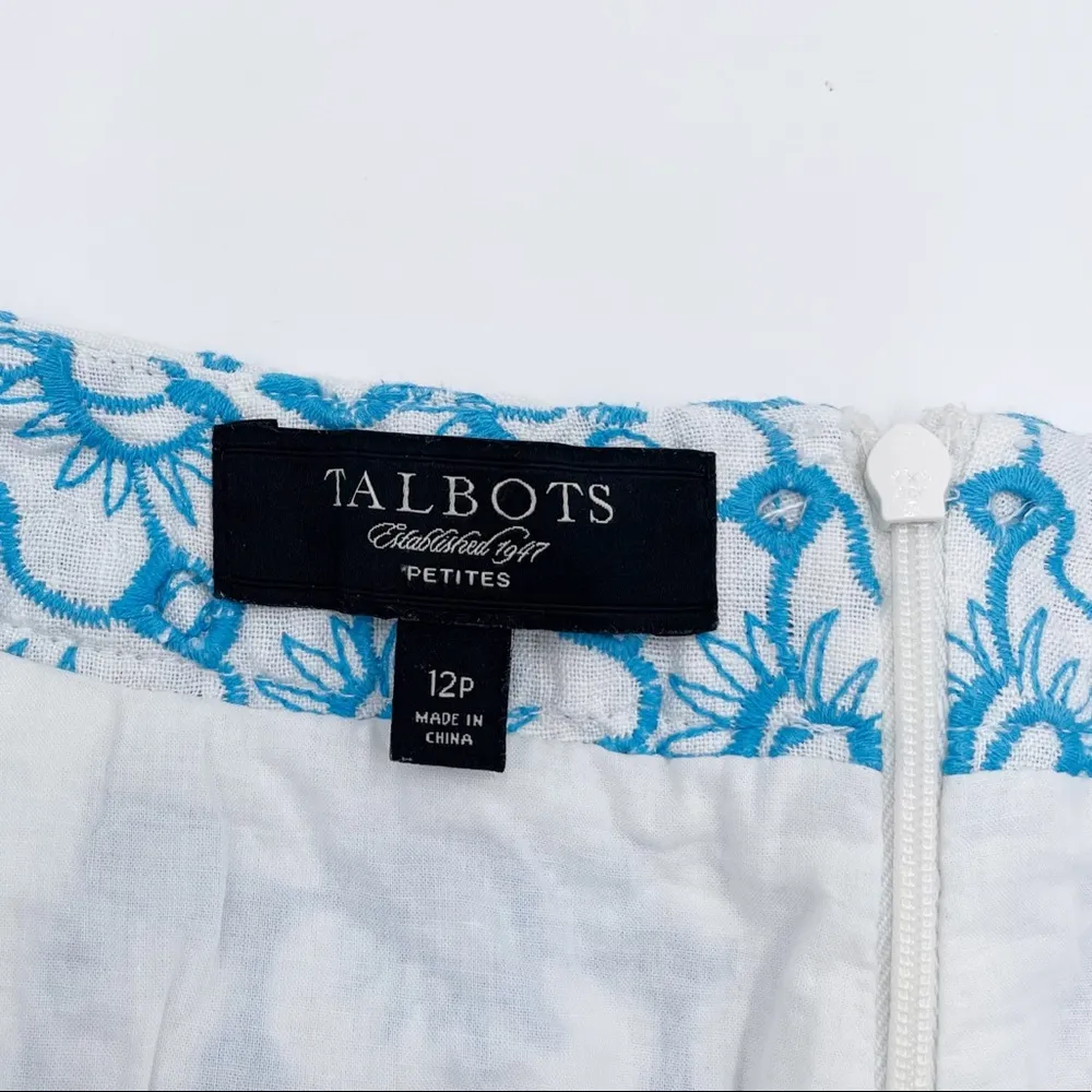 Talbots 100% Linen Blue & White Floral Embroidered Eyelet Pencil Skirt Size 12P - Image 5