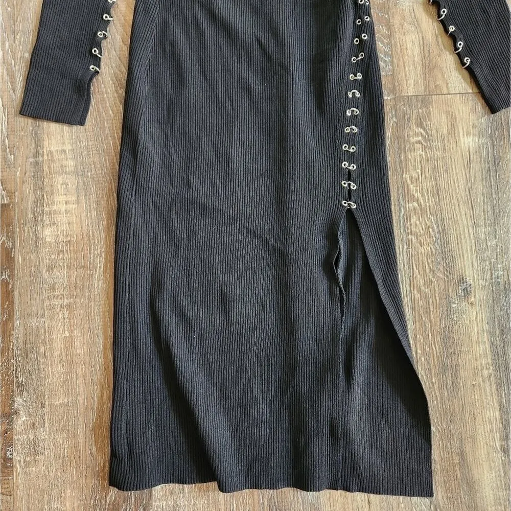 NICHOLAS Saba Midi Dress in Black Ribbed Size Medium Long Sleeve Cut Out Midi - Image 8