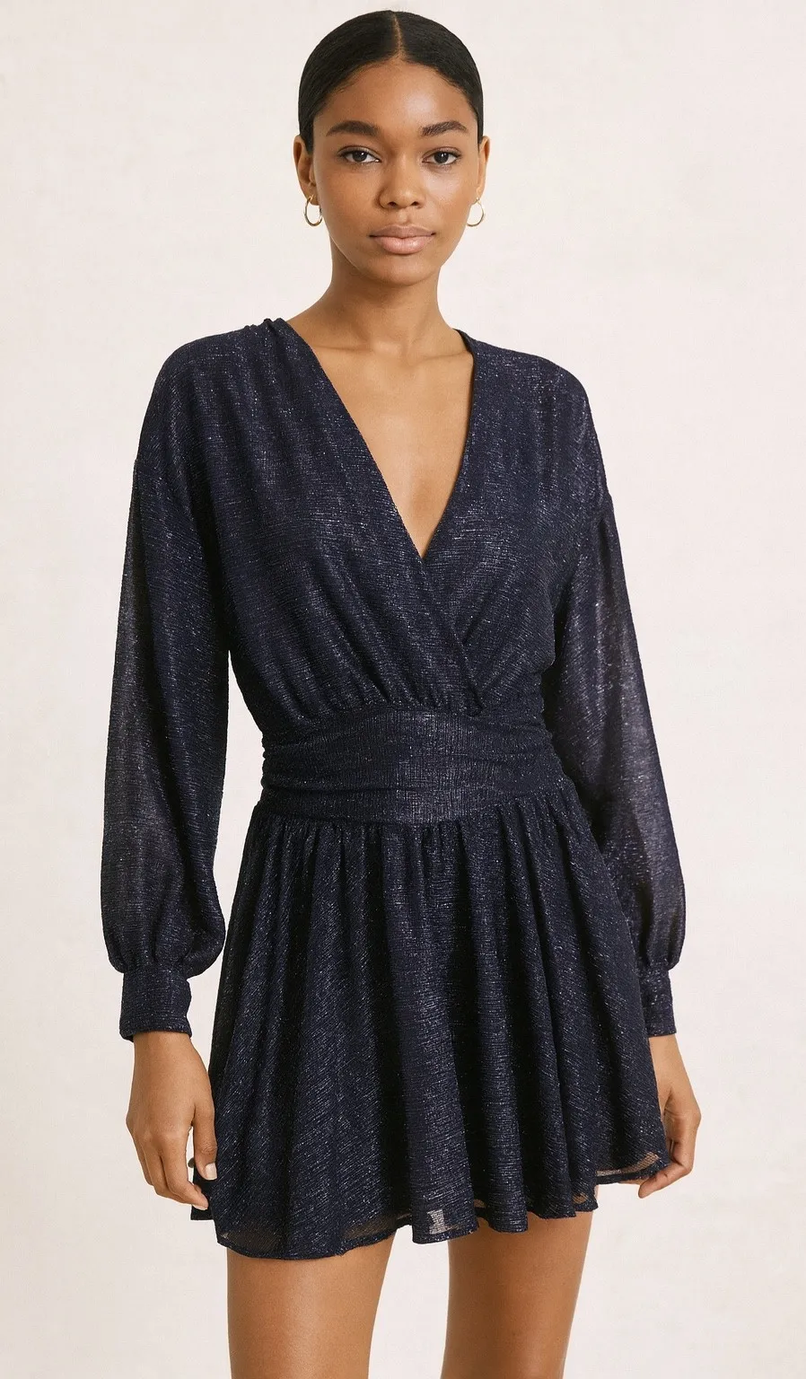 MISA Los Angeles Navy Blue Sparkle Long Sleeve Wrap Mini Dress XS - Image 1