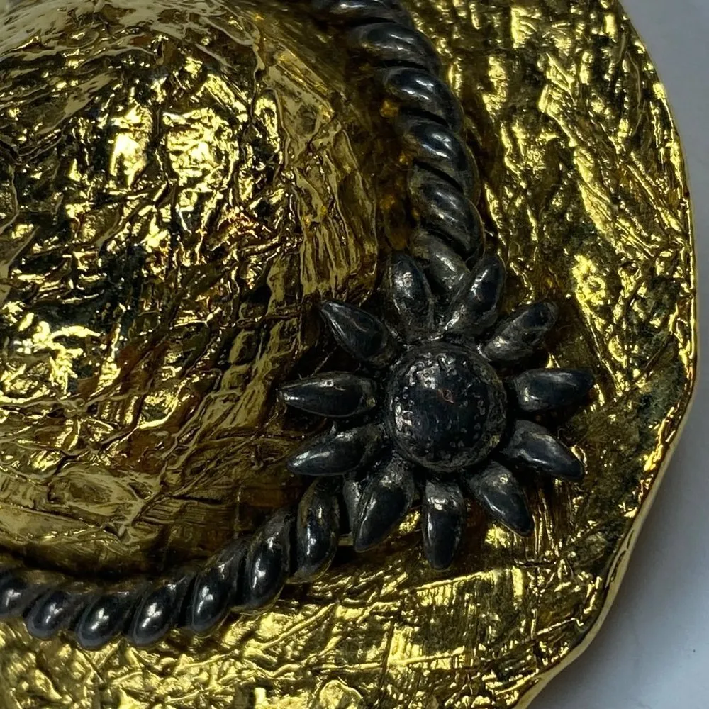Premier Designs 3 D Hat Brooch Textured Hammered Metal Gold Tone Flower Accent - Image 10