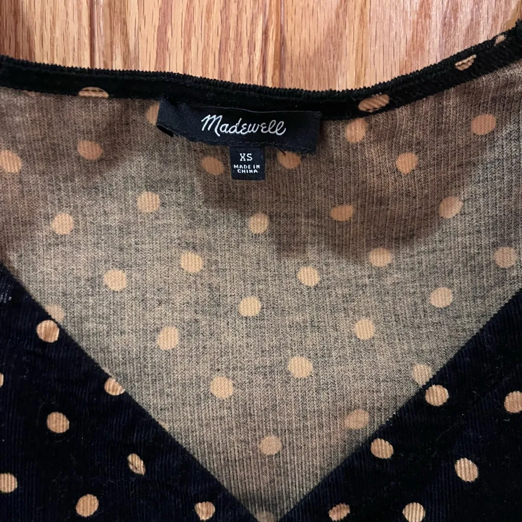 Madewell Corduroy Puff-Sleeve Button Wrap Top Black in Tan Oval Dot Size XS‎ - Image 7