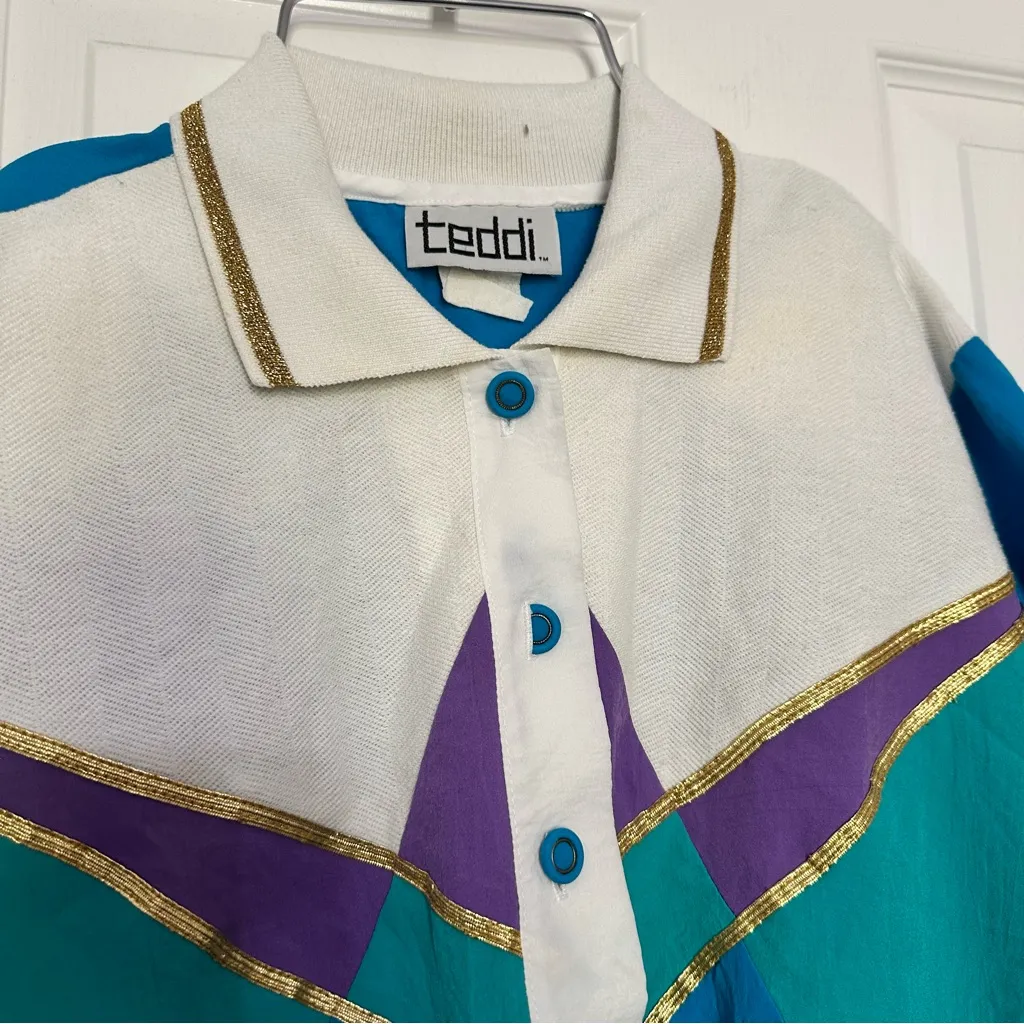 Teddi Vintage 80’s White and Teal Half Button Up Shirt with Shoulder Pads Blue Size L - Image 5