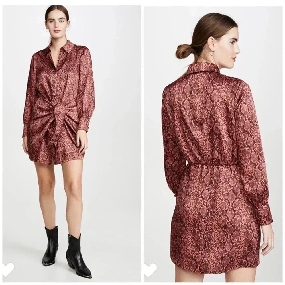 167 Cinq a Sept Gaby Tie Front Snake Print Shirt Dress Size 4 Red - Image 3