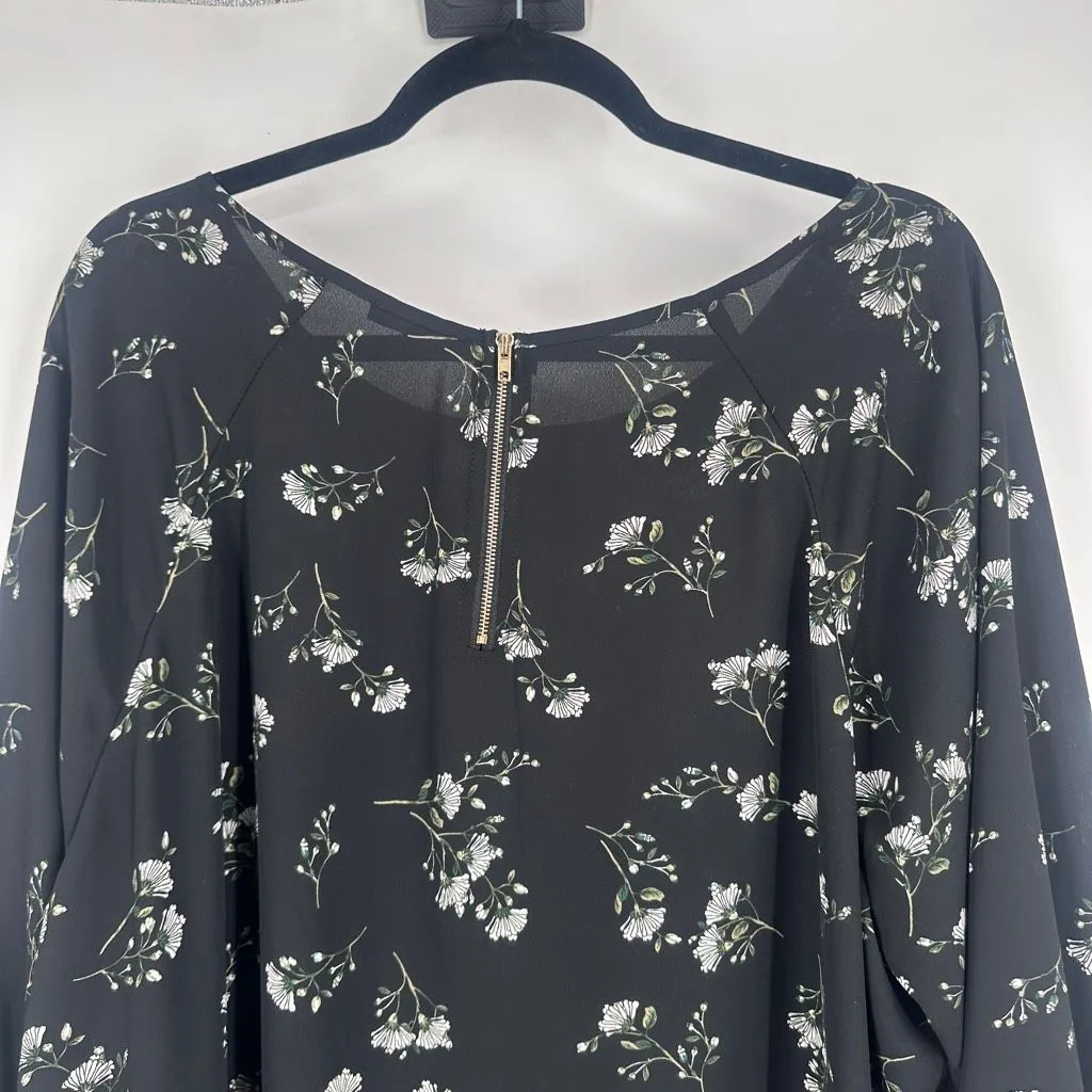 Papermoon Floral Tie‎ Midi Sleeve Boat Neck Back Zipper Relax Top Black Size 3X - Image 9