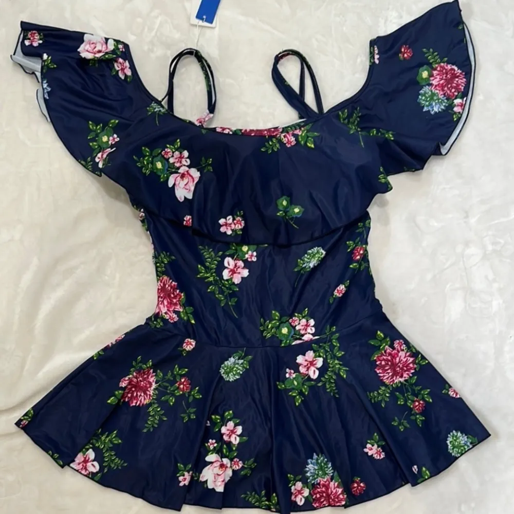 NWT COCOPEAR Women’s One Piece Flounce Swimsuit Off Shoulder Tummy cControl Blue Size XL - Image 11