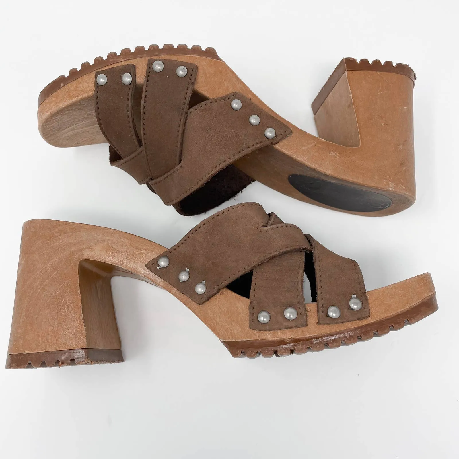 VINTAGE The Leather Collection Brown Square Toe Clog Wood Heels Size 8 - Image 6