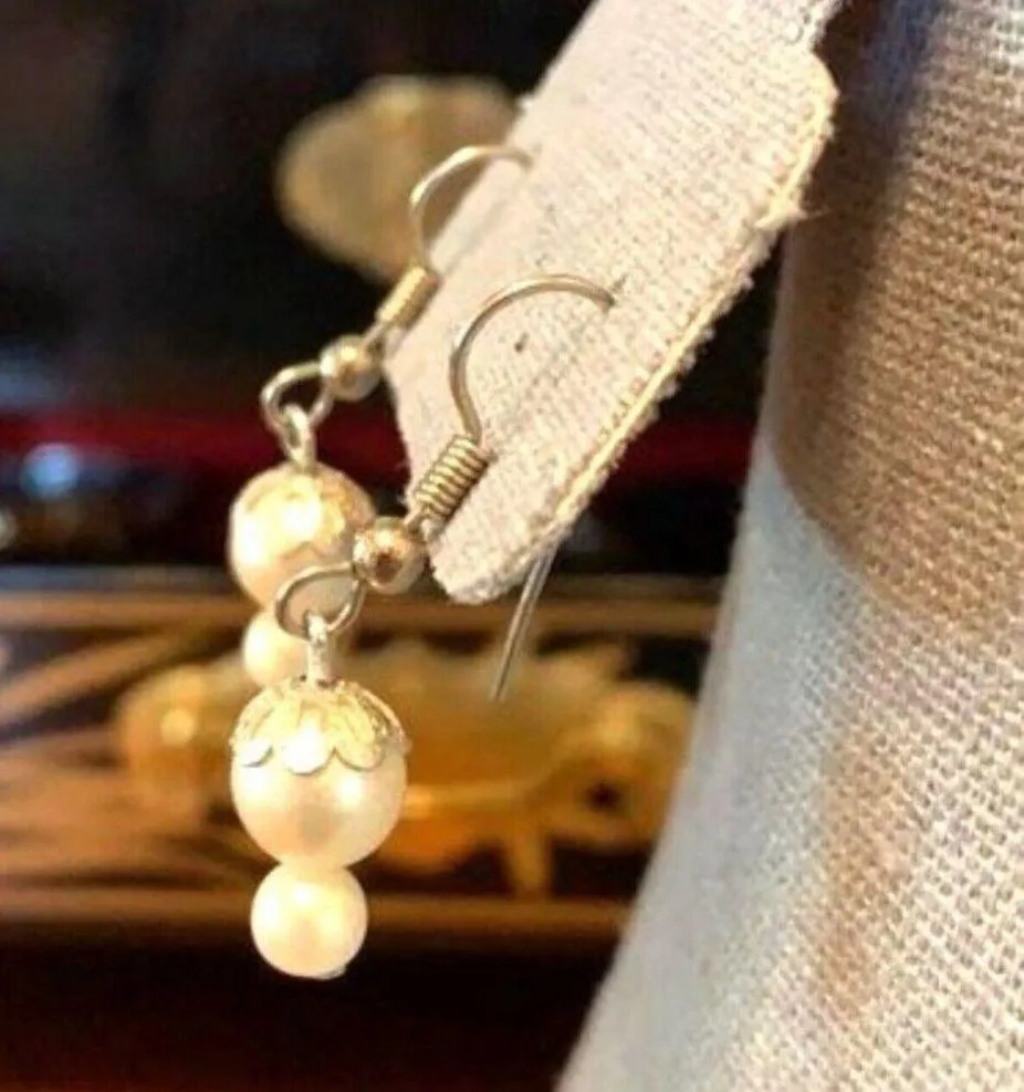 Elegant Earrings Vintage Double Pearl and Silver Dangle Fish Hook White - Image 9