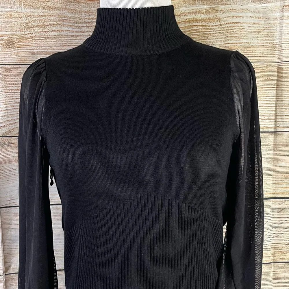 ribbed mock-neck long mesh sleeves black sweater top size Small - Image 3