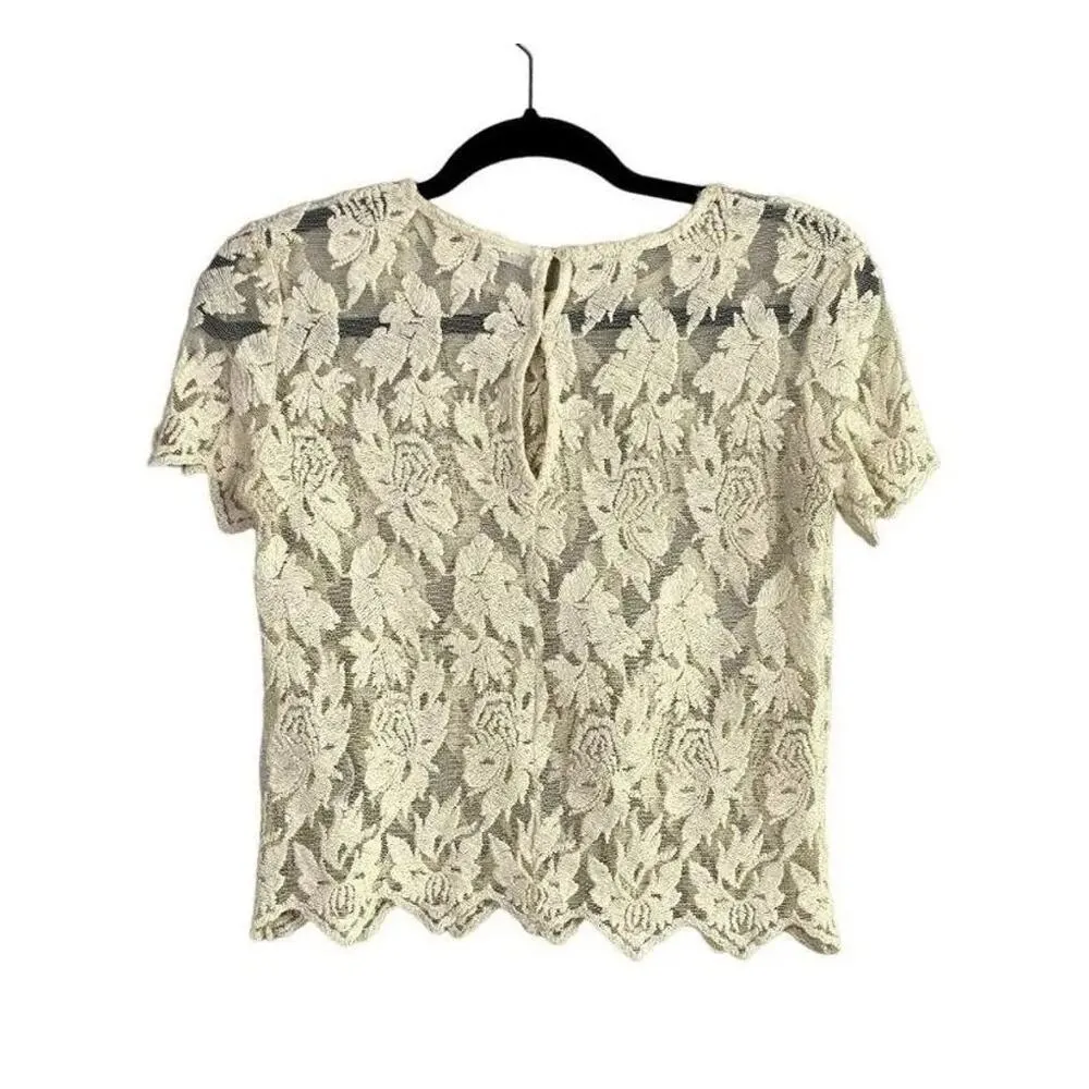 Zara Floral Embroidered Sheer Cotton Blouse Top Romantic Key Hole Back S Cream - Image 12