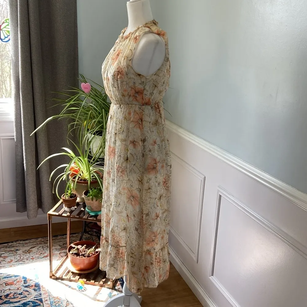 Le Ragazze Silk Floral Midi Dress Sleeveless Ruffles Tiered Formal Size Medium White - Image 8