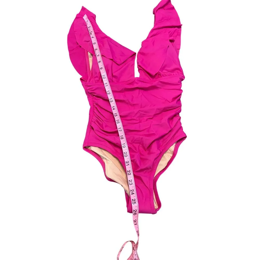 J. Crew Fuchsia Pink Ruched Ruffle V Neck Plunge One Piece Swimsuit SZ 6 Beach - Image 5