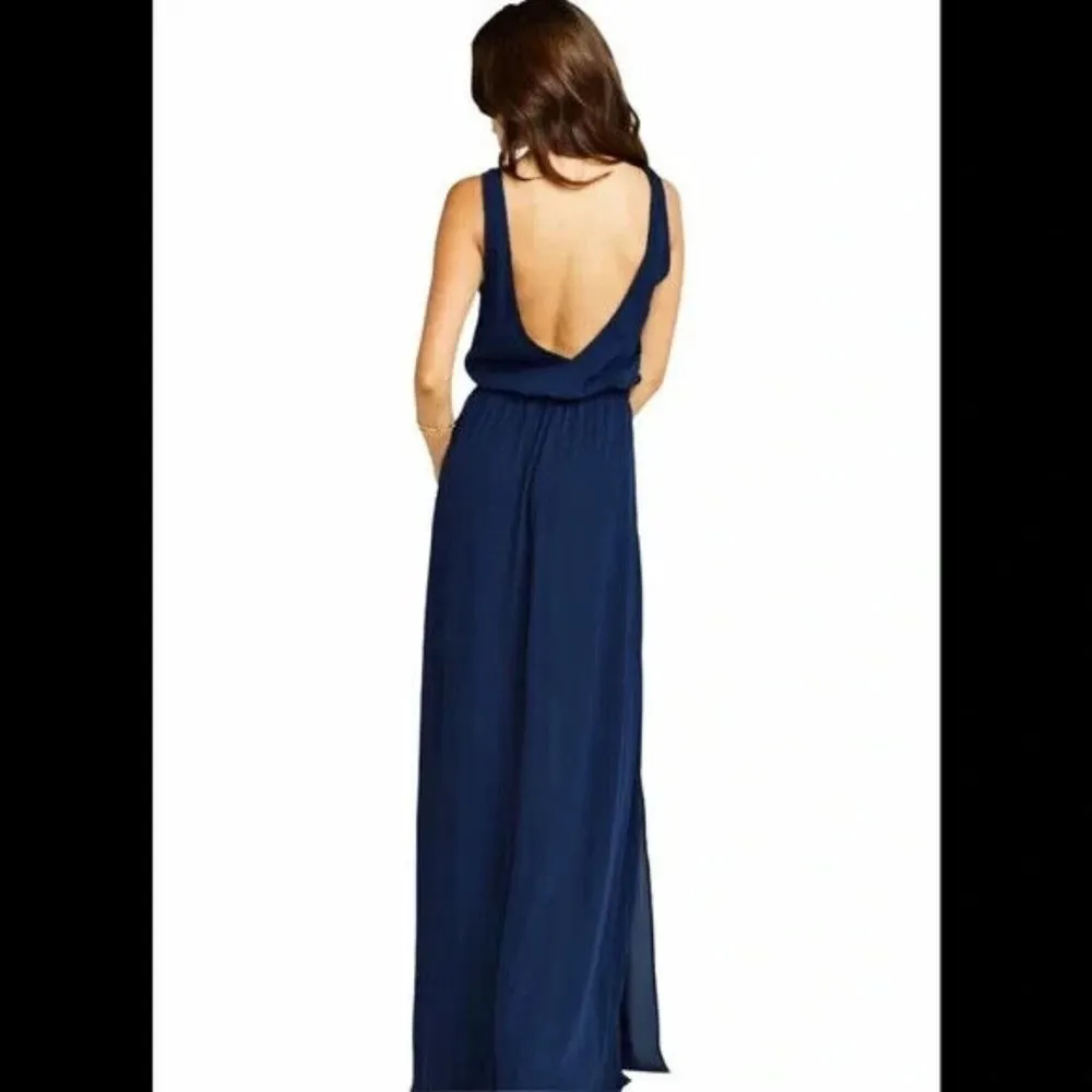 Show Me Your Mumu Kendall Maxi Dress V Neck Slit Blouson Rich Navy Blue XS - Image 3