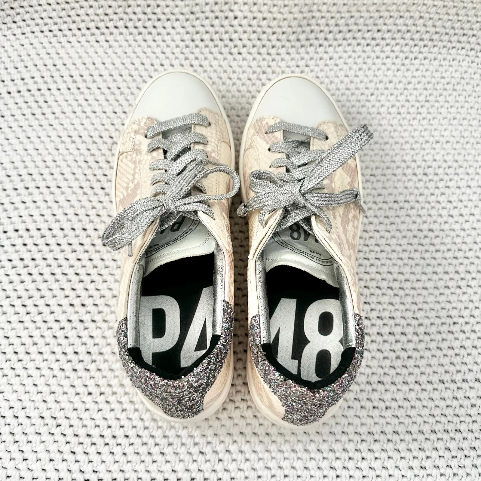 P448 Beige Snake Print Thea Low To Platform Lace Up Sneaker Glitter Heel 40 Wmn - Image 7