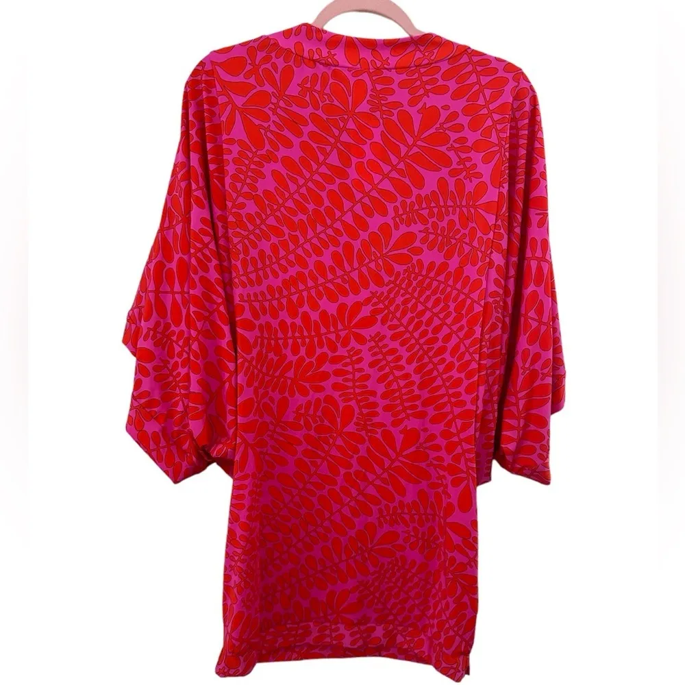 TRINA TURK PINK ORANGE PRINT STRETCH SWIM VNECK POPOVER COVERUP L - Image 5