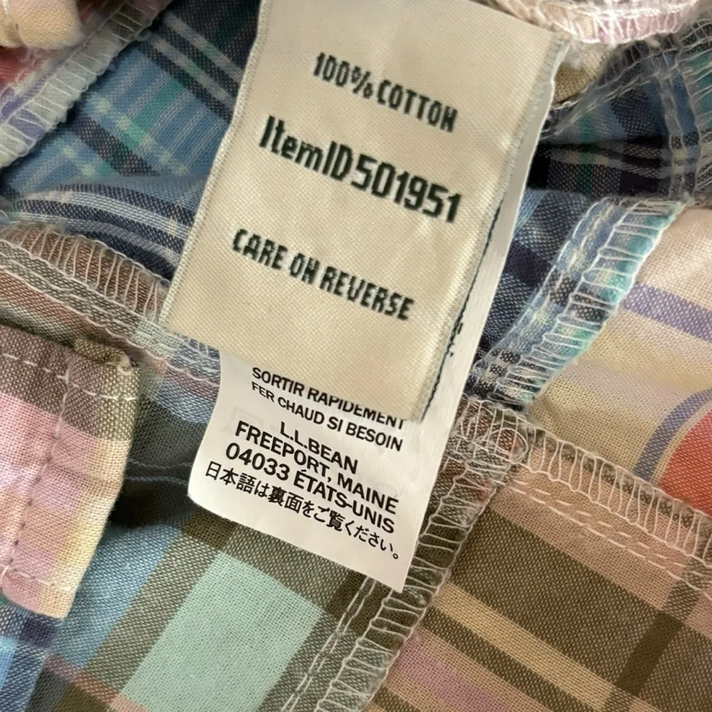 LL Bean Button Front Top Plaid Patchwork Long Sleeve Cotton Womens Large Petite Blue Size undefined - Image 9