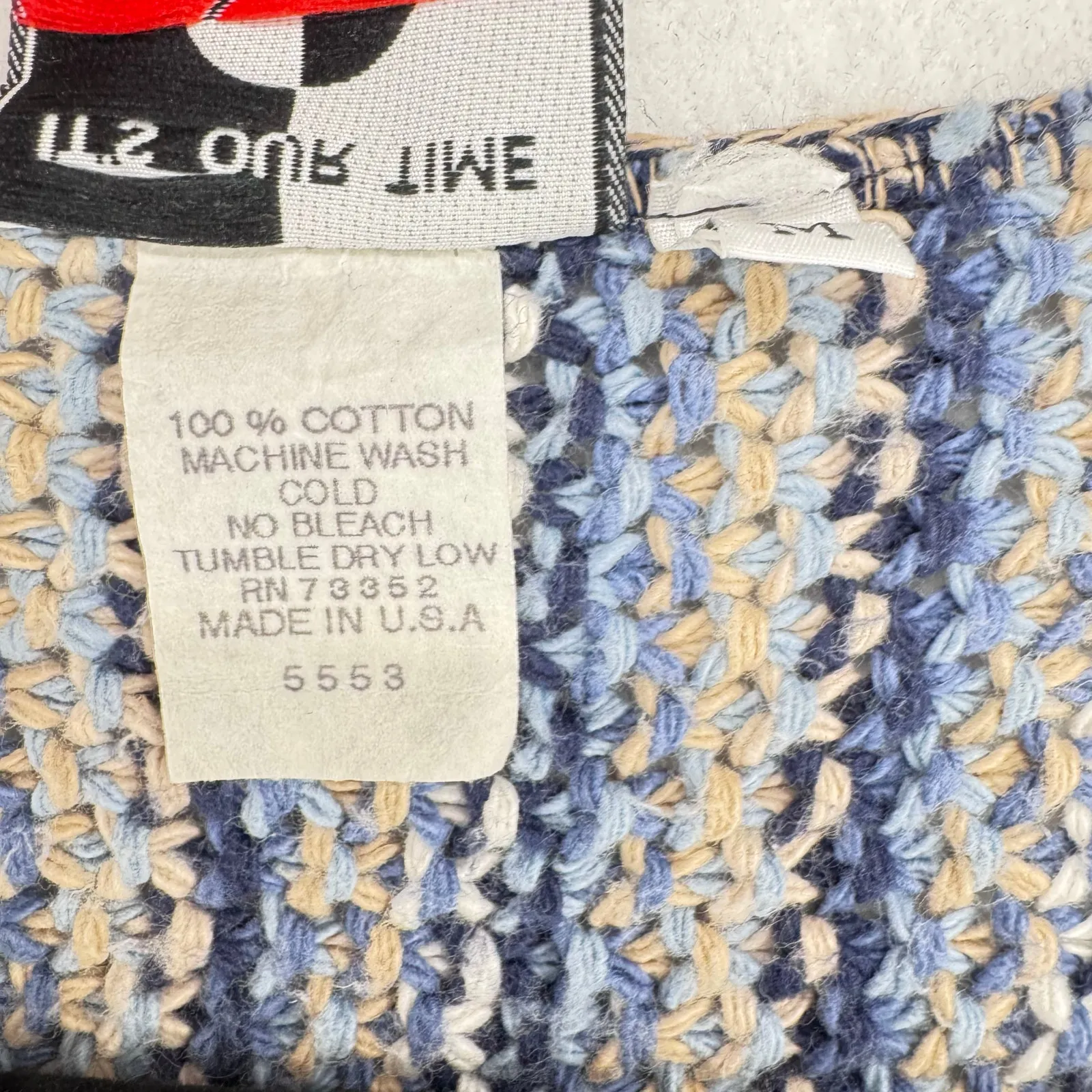 It’s Our Time Vintage Cotton Knit Sweater Fringe Hem Blue Beige Striped USA Made - Image 4