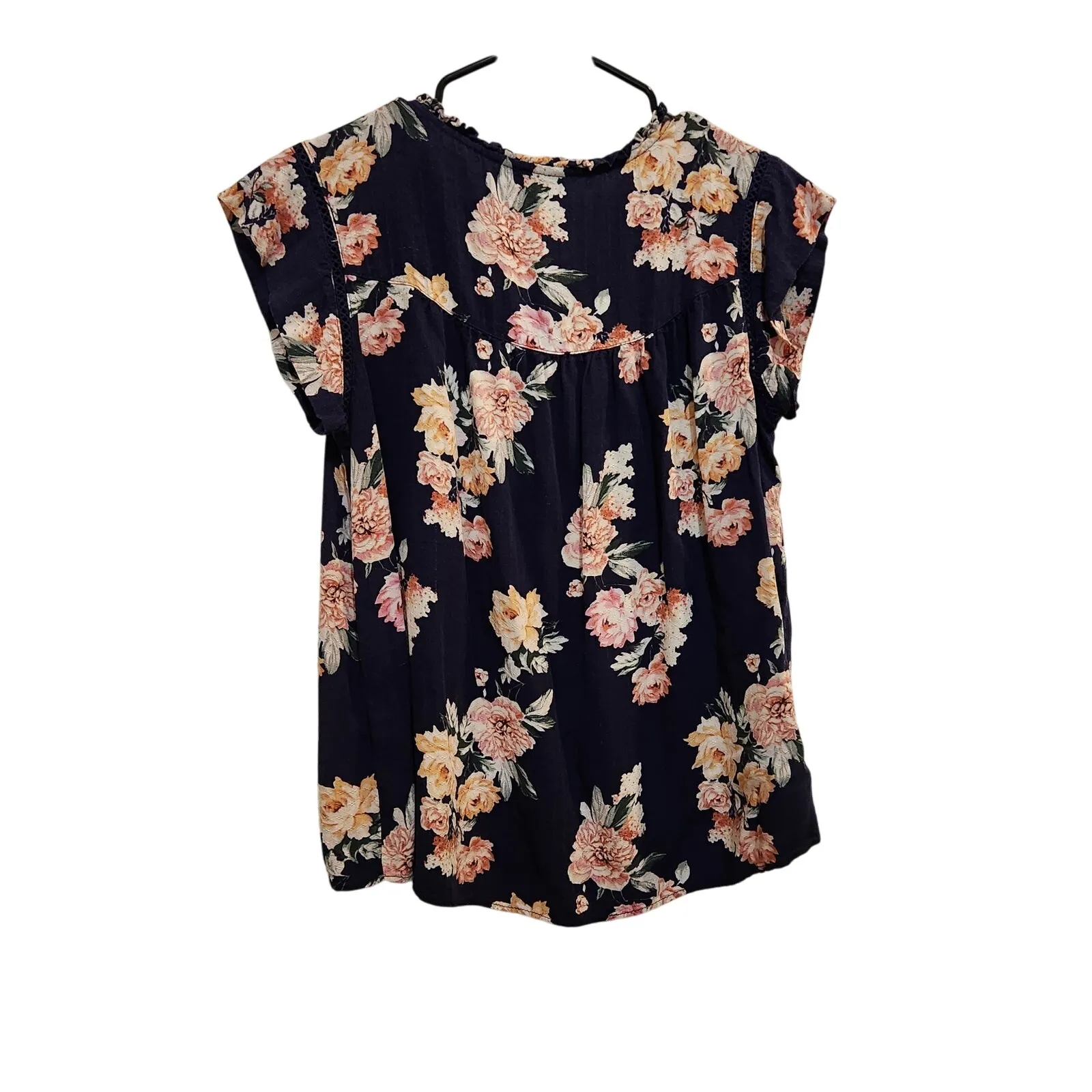 Buffalo David Bitton Blue Floral Tie Neck Button Front Blouse Casual Top Medium - Image 2