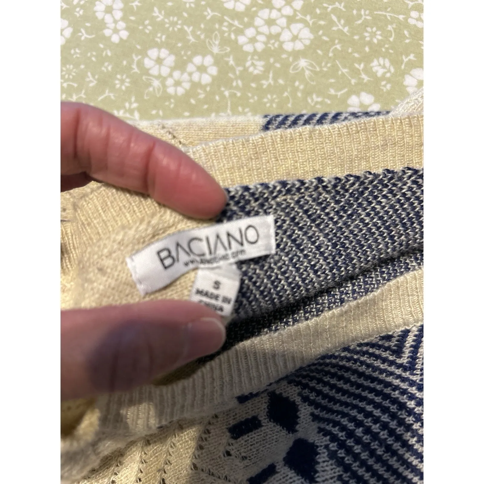 Baciano Boho Fringe Geometric Knit Poncho Sweater Shawl Size S Beige Navy Red - Image 4