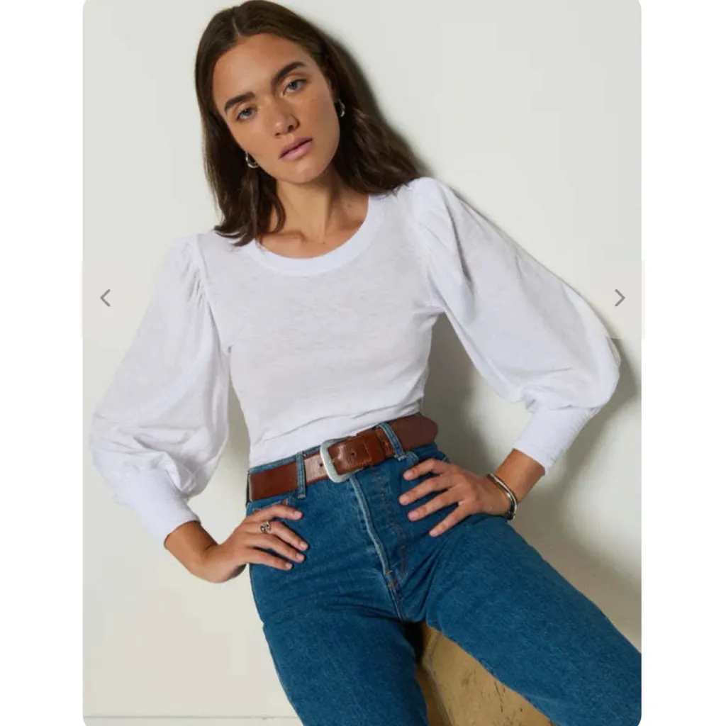 Nation Loren Slub Knit Peasant Puff Sleeve Top Small White Smocked Boho Pima - Image 2