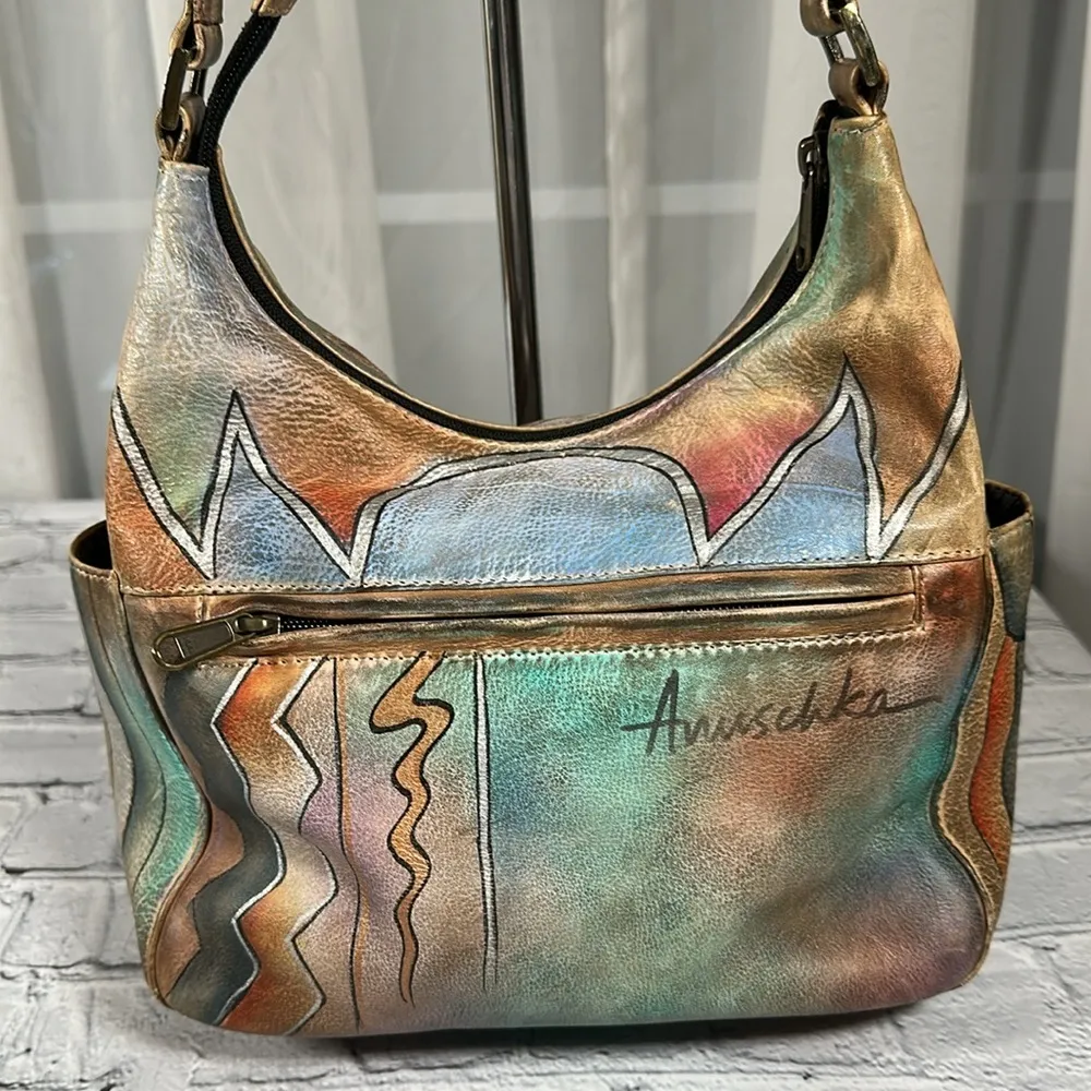 Anuschka Hand Painted Leather Purse Boho Hippie Handbag Tote India Abstract Art - Image 5