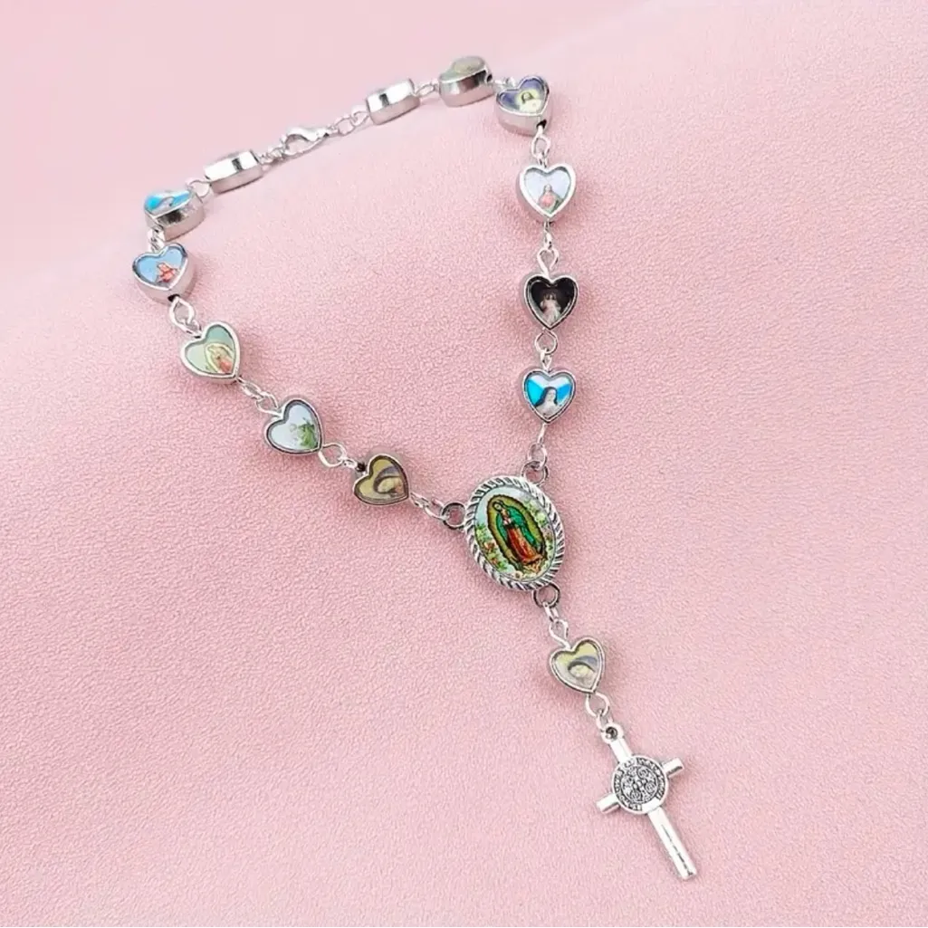 Lovely Heart Shaped Cross Pendant Rosary Bracelet, Virgin Charm Silver‎ Plated Silver - Image 6