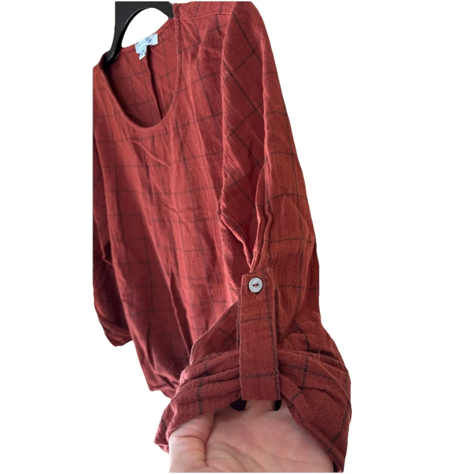 She + Sky Womens Medium Red Plaid Roll Tab Sleeves Tie Front Pullover Blouse - Image 3