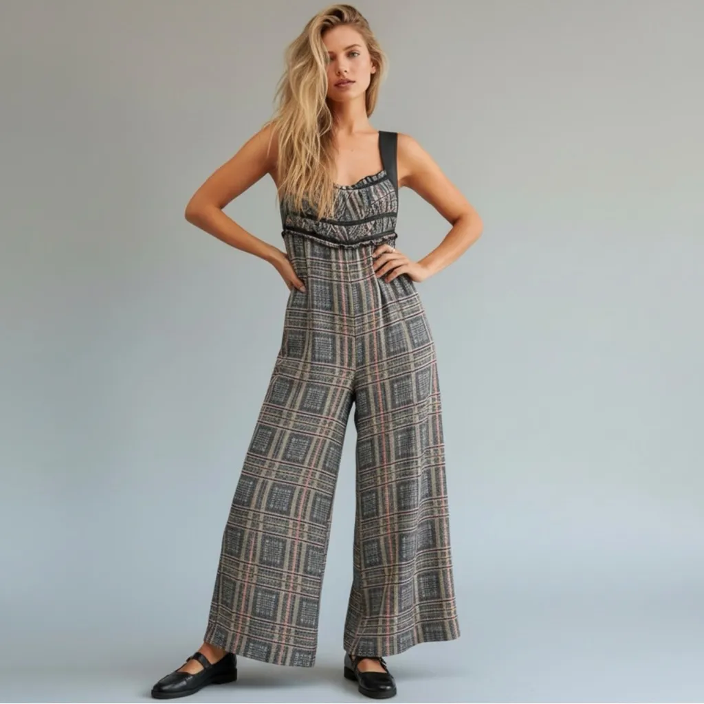 Free People Wide Leg Marley Plaid One Piece Jumpsuit Size Medium NWT Grunge 90s - Image 15