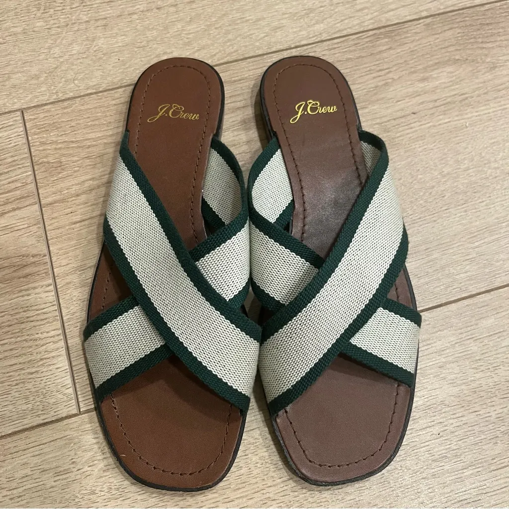 J. Crew Women’s Woven Canvas Strap Flat Sandals Slip On Green Size 8 - Image 5