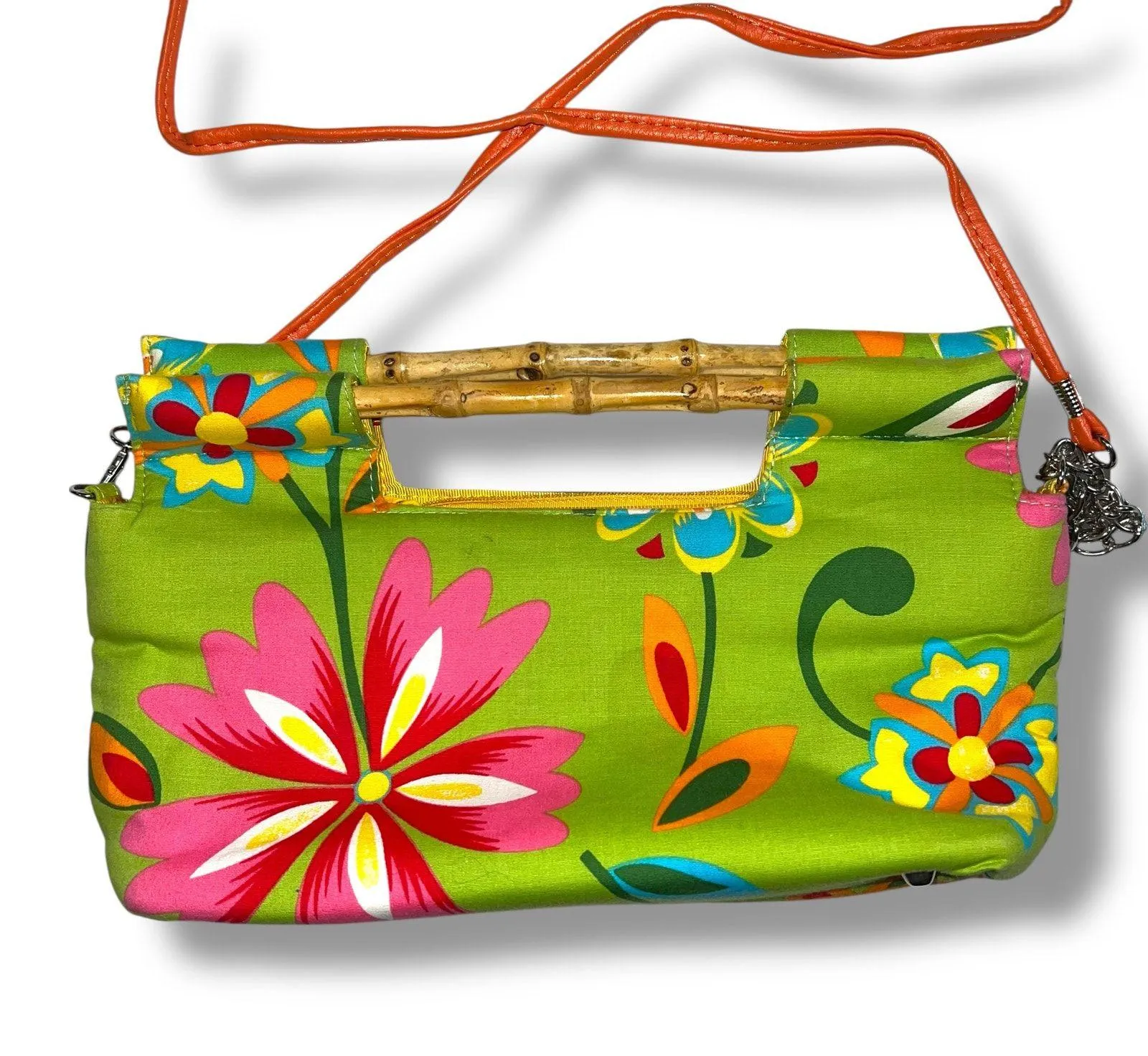 Vintage Y2K Braciano Purse Bag Tropical Floral Beaded Bamboo Handles Green Pink - Image 5