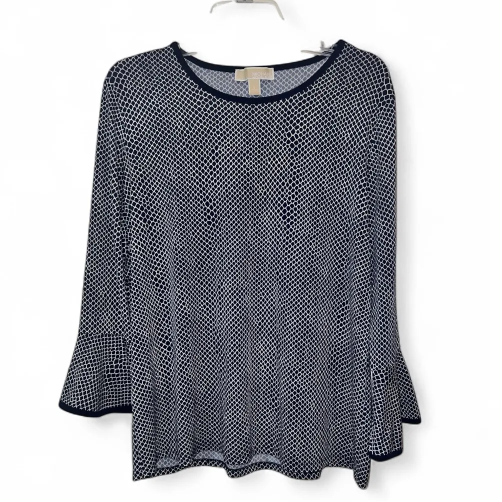 Michael Michael Kors Navy and White Patterned Blouse long bell sleeves EUC - Image 2