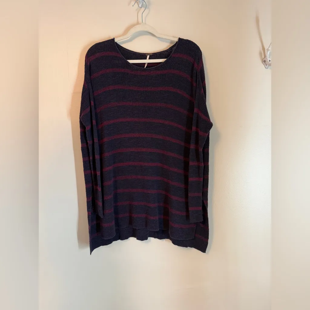 Free People Sweater Oversized Slouchy Beachy Boho Striped Navy Burgundy XS EUC - Image 3