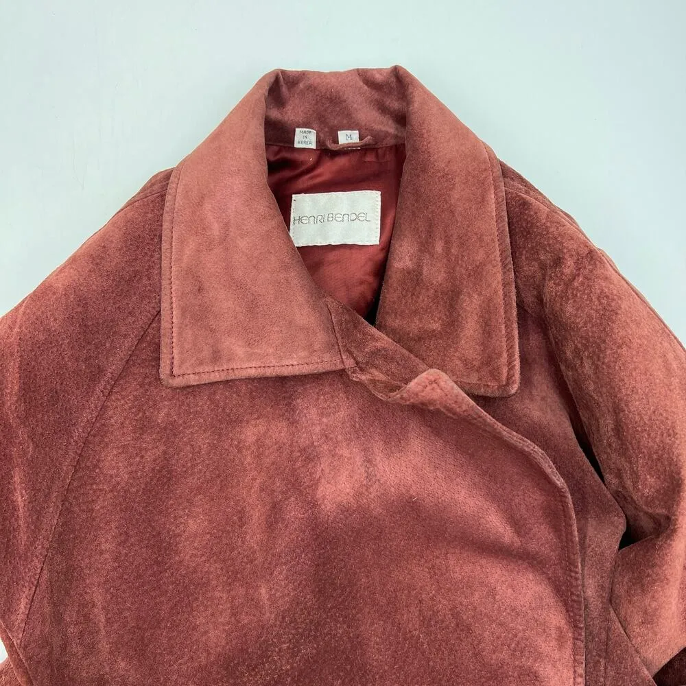 Vintage Henri Bendel Suede Coat Red Leather Belted Double Breasted Cherry - Image 4