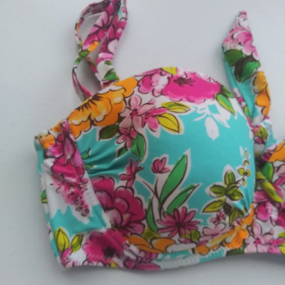 Leilani Floral Bikini Set Turquoise and Pink Push Up Top Vacation Tropical Sz 12 Blue - Image 9