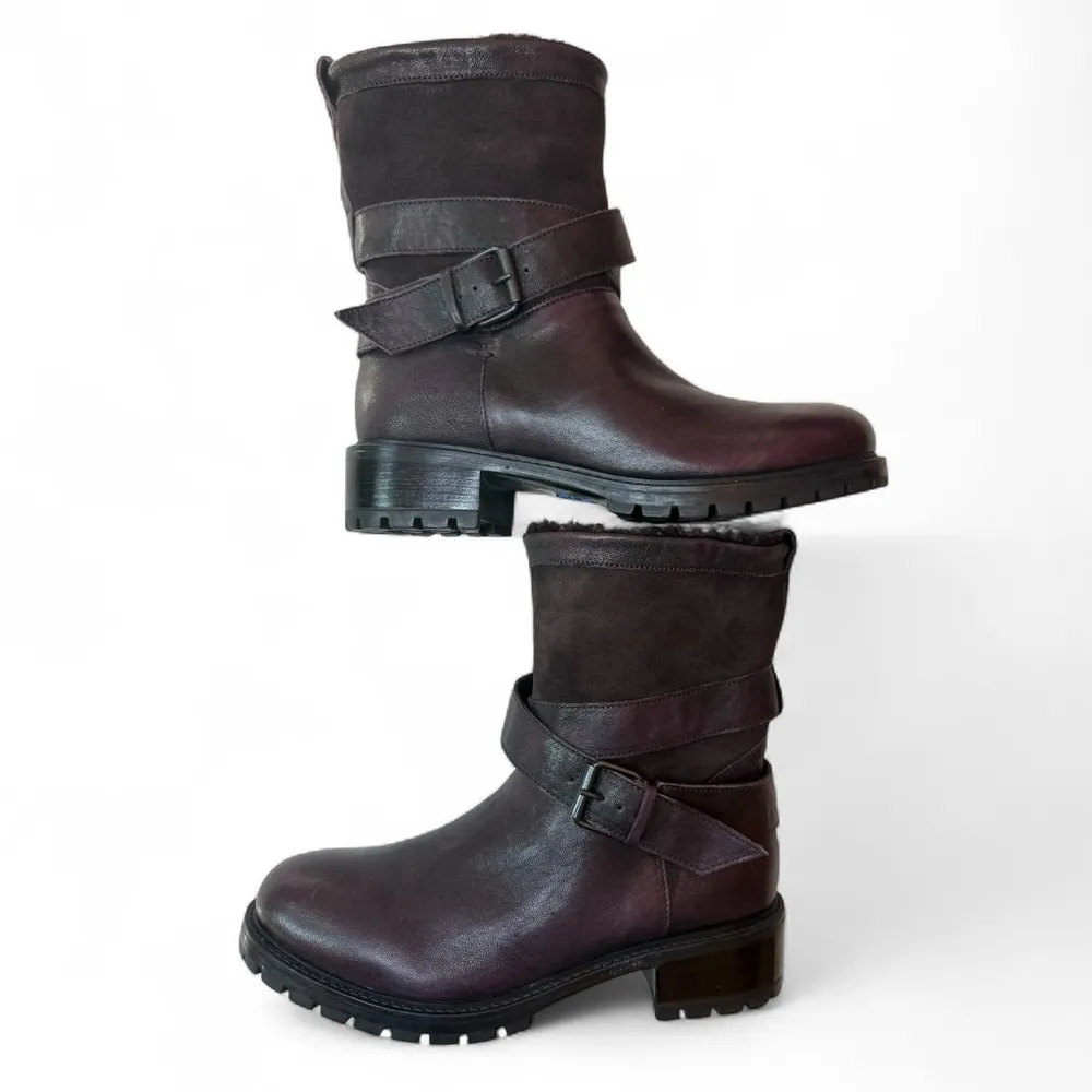 Ross & Snow Emilina Winter Boots Moto Biker Deep Plum Shearling Lug Sole Size 8 Black - Image 5