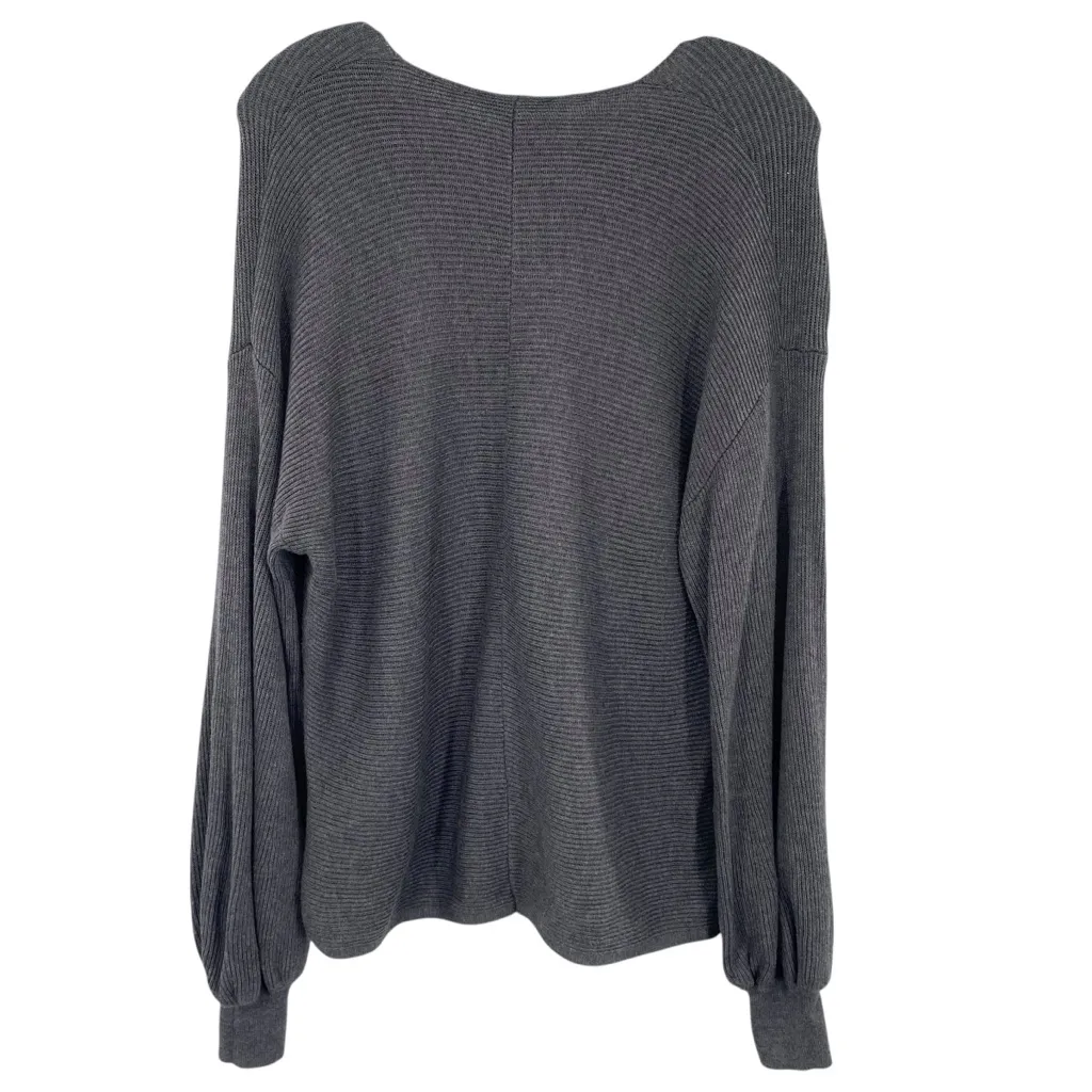 1. State Gray Rib Knit Bubble Sleeve V-Neck Sweater - Image 5