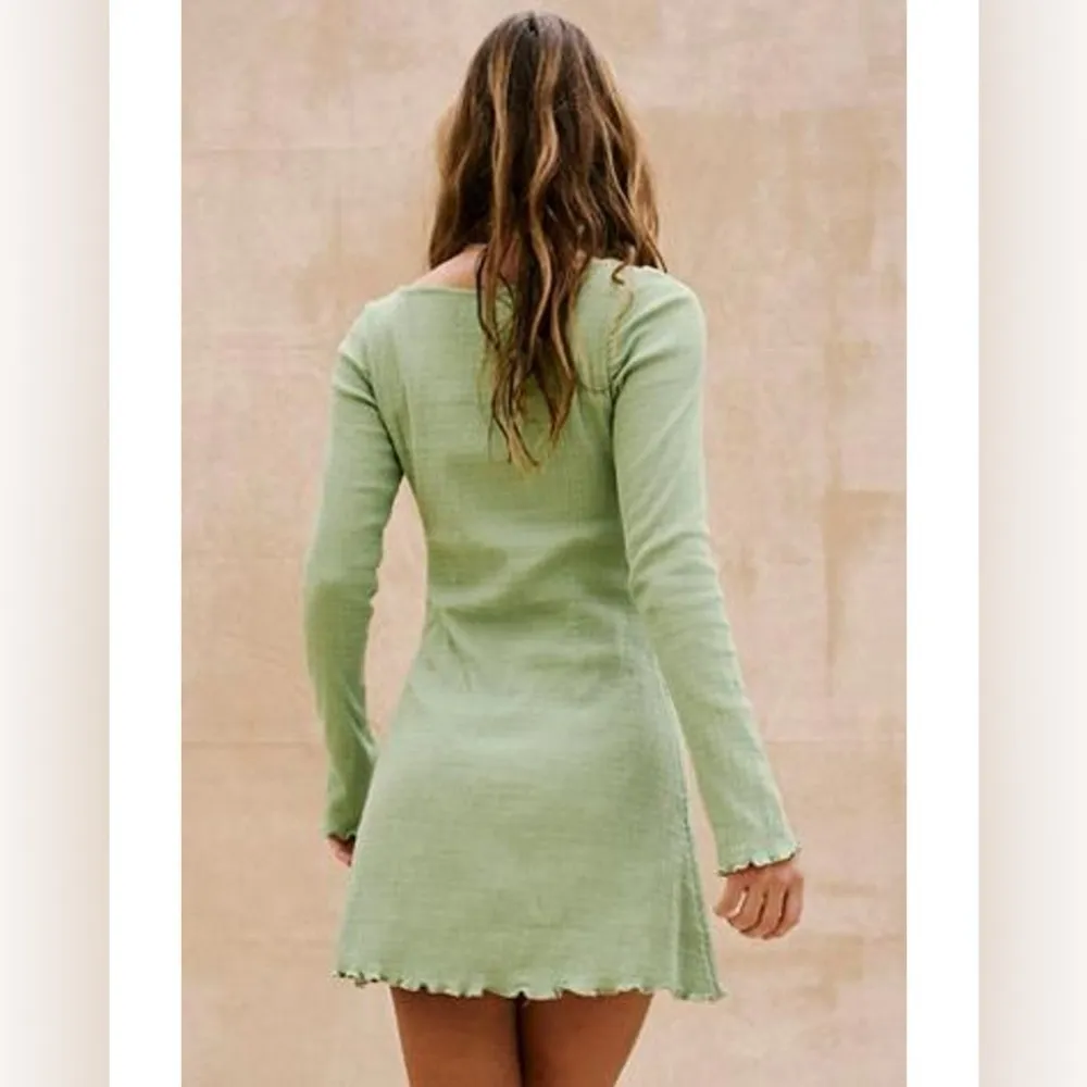 Free People Green Eliza Mini Dress Long Sleeve Size Large Stretchy - Image 2