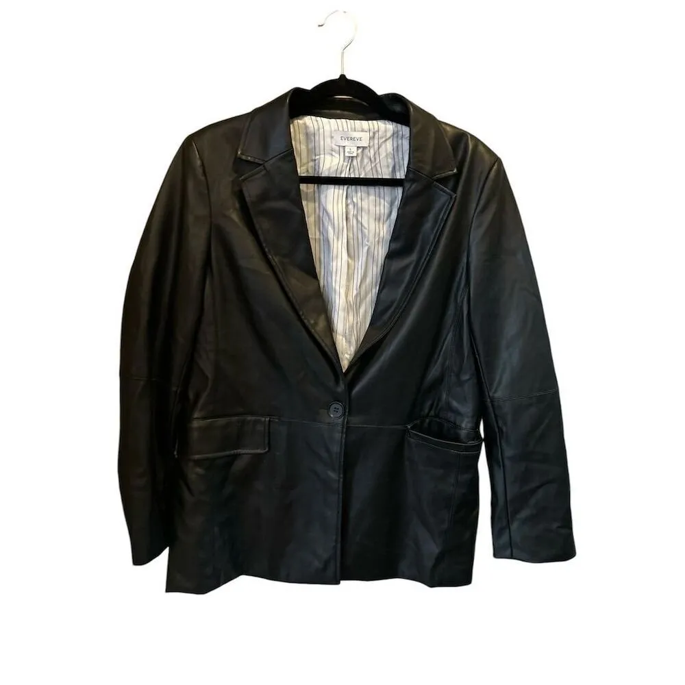 Evereve Women's Black Leather Jacket Size L Mid-Length Button-Up‎ - Image 7