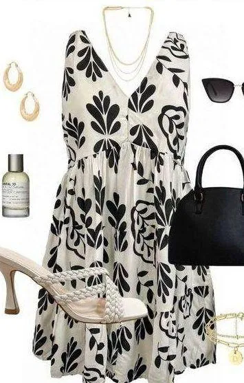 Sincerely Jules Black & White Leaf Printed Tiered Dress S - Image 2