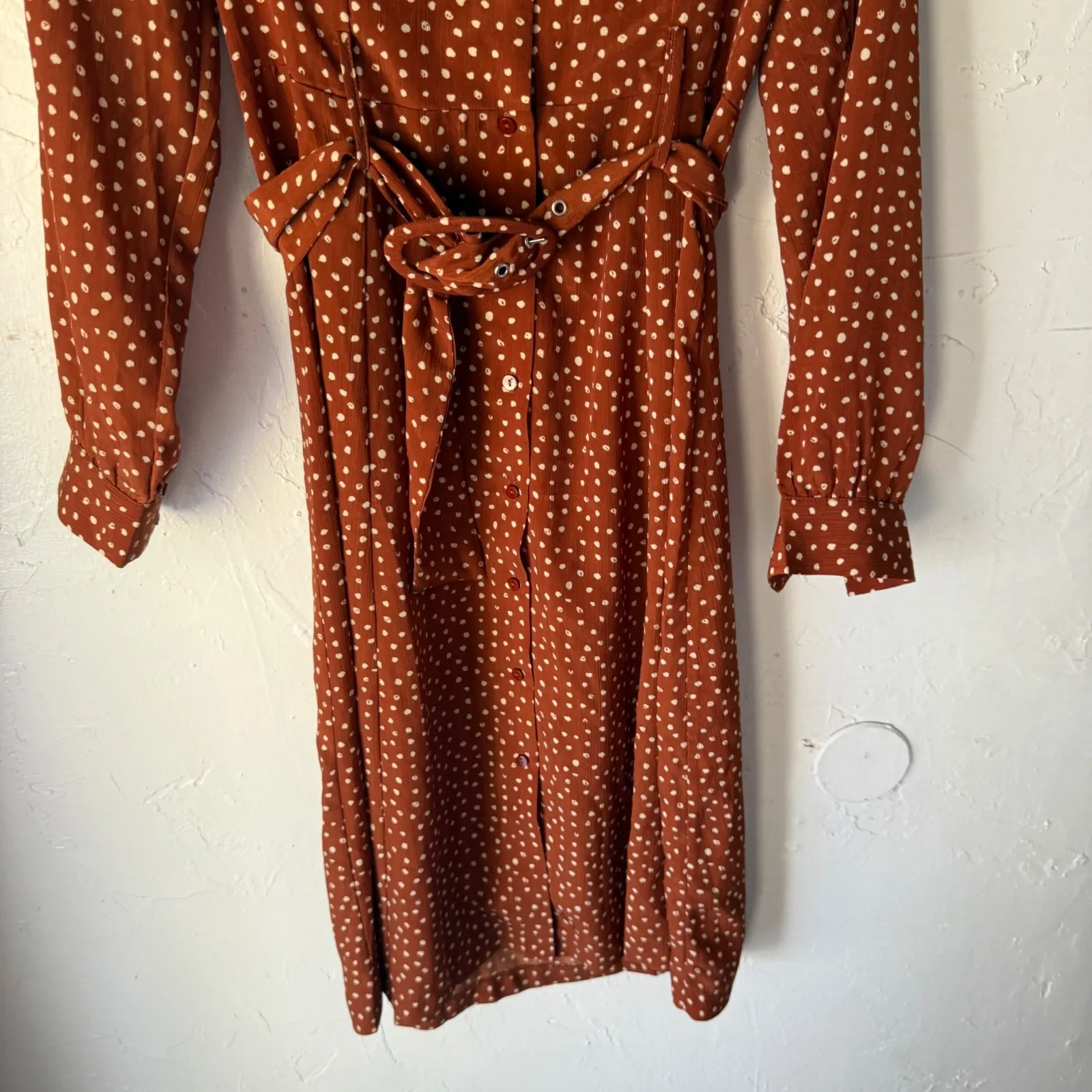 Lush Sm Rust Brown Polka Dot Long Sleeve Midi Dress with Belt‎ Preppy Old Money - Image 3