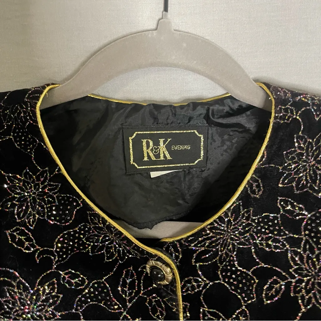 Vintage R&K Evening Blazer Jacket Women's‎ Large Black Velvet Floral Glitter - Image 2